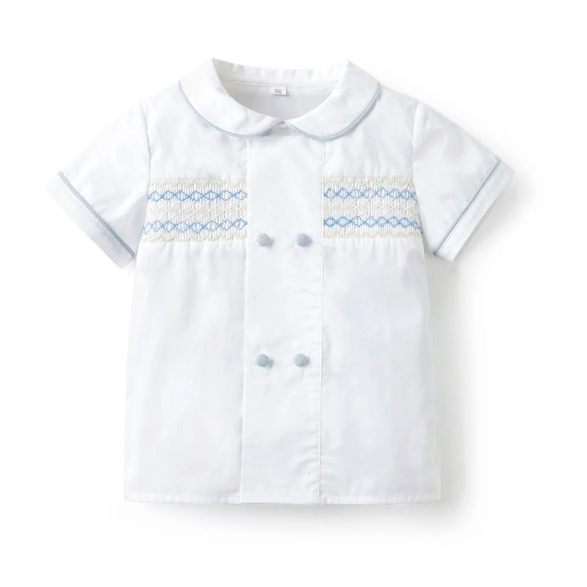 2024 New Baby Boy Spanish Clothes Set Children Hand Made Smocking Shirt Peter Pan Collar Toddler Denim Cotton Shorts