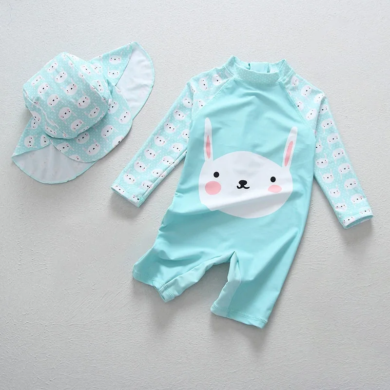 Children's  UV UPF50+ Blue Swimsuit Girls One Pieces Rabbit Swimwear with Hat Girls Cartoon Bathing Suit Kids Beachwear 1-4Year