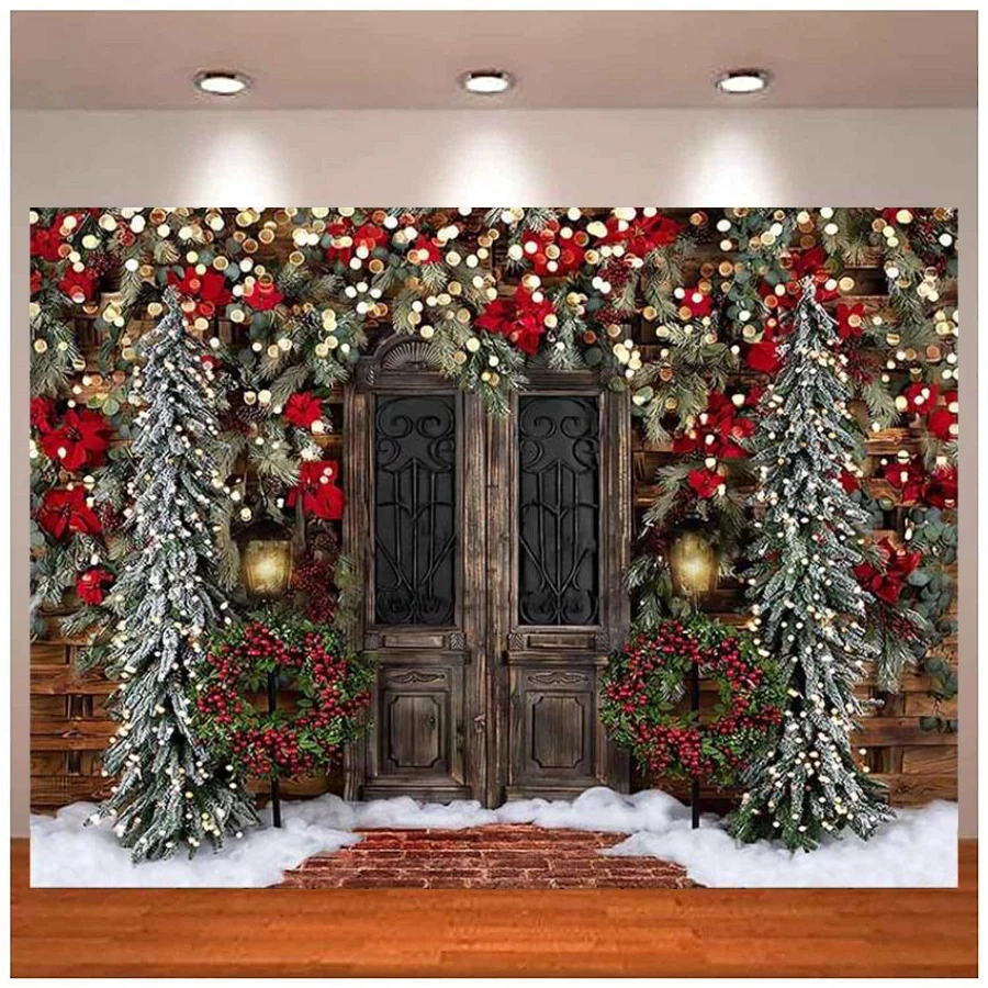 Photography Backdrop Winter Christmas Vintage Snow Door Glitter Pine Tree Kids Family Portrait Background Banner Photo Studio