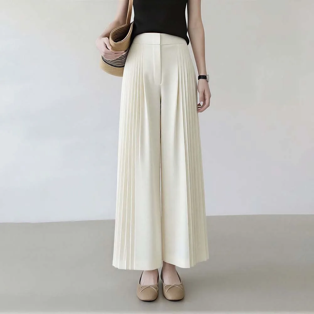 white pleated high-waisted wide-leg pants for women's 2026 new summer super-fire high-end commuter straight-leg trousers