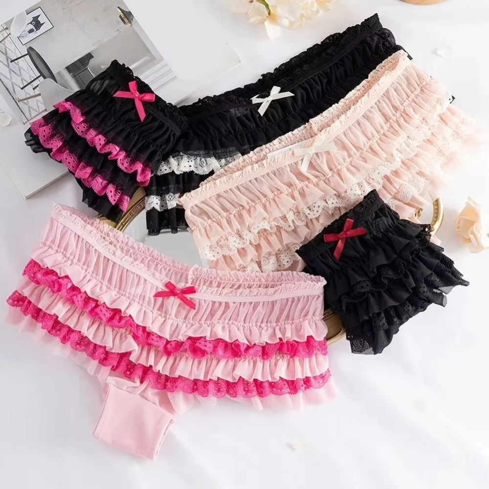 Cotton Crotch Women's Lace Panties Sweet Bow Layered Ruffles Ruffled Lace Panties Breathable Mesh Lace Trim Low Rise Briefs