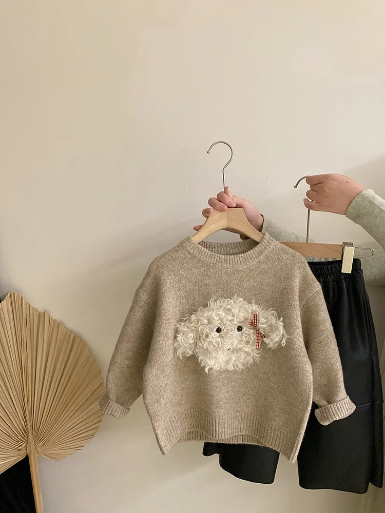 

Little Girl Cute Cartoon Puppy Knit Sweater Autumn Winter New Fleece Warm Leather Pants Set Trendy