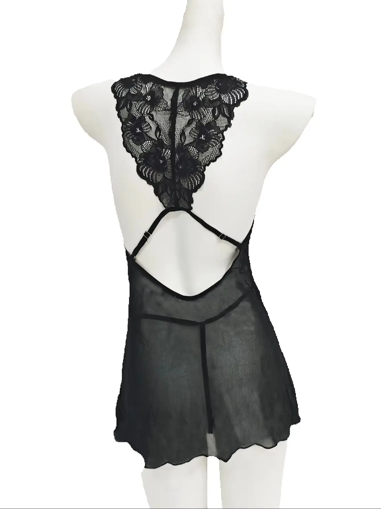Lencería Babydoll de encaje negro para mujer, vestido con escote en V profundo, lazo frontal, malla transparente, sin espalda, tirantes ajustables, camisón sexy, ropa de dormir