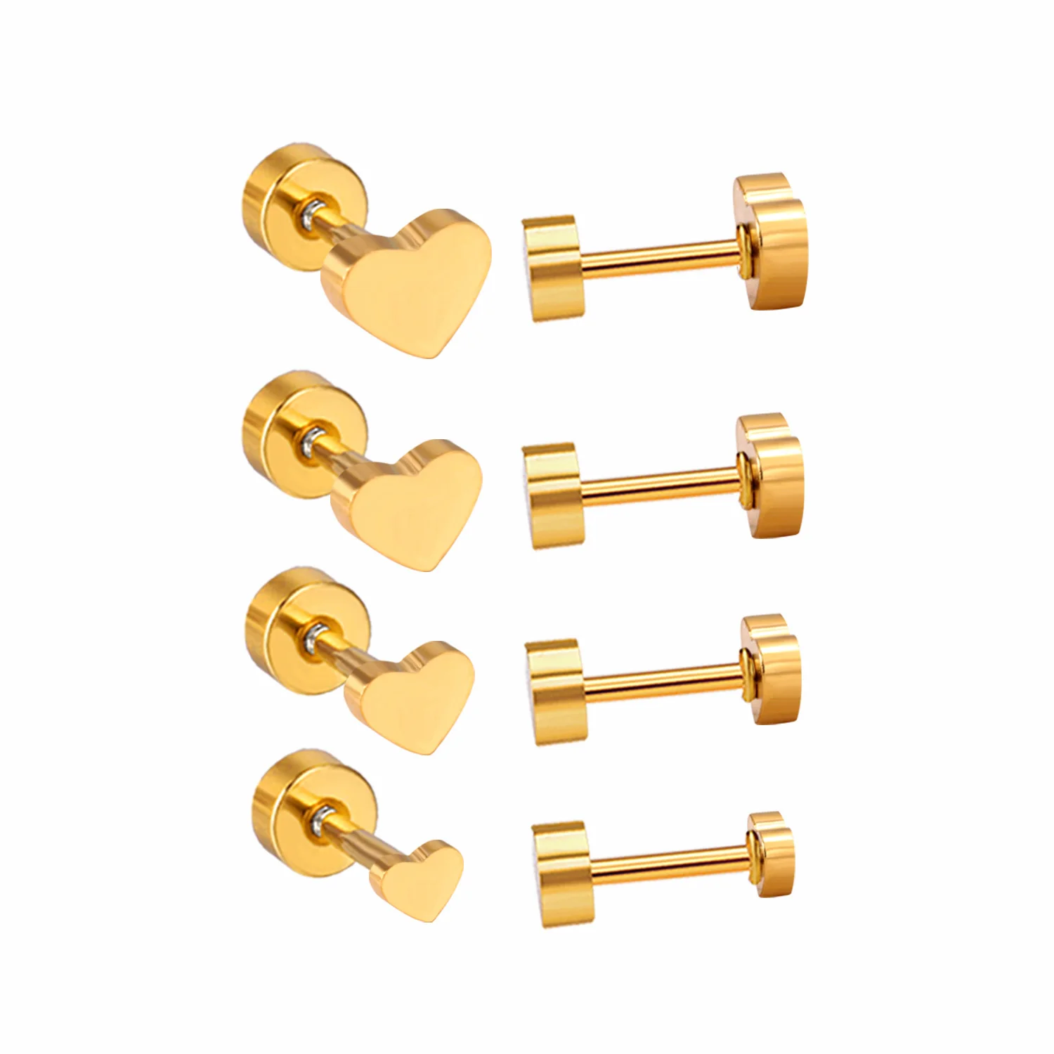 12 Pairs 316L Stainless Steel Heart Earrings Multi Size 3mm 4mm 5mm 6mm Anti-allergy Screw Back Wholesale Women Girl Earrings