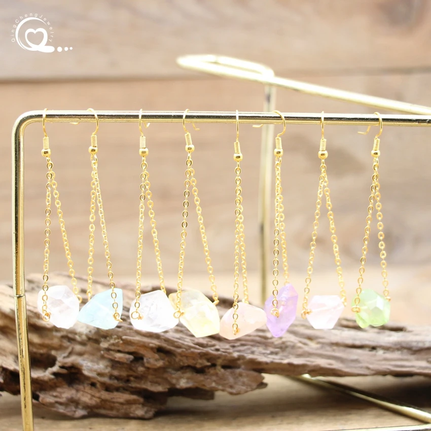 

Colourful Raw Crystal Point Hook Earrings Natural Stone Quartz Dangle Earring Reiki Eardrop Women Party Wedding Jewelry QC7018