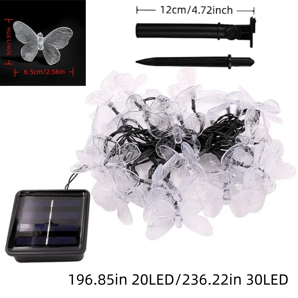 1PC 5M20LED/6.5M30LED Solar Powered Butterfly Fairy String Lights, Waterproof, used for Outdoor Garden Patio Party Yard Wedding
