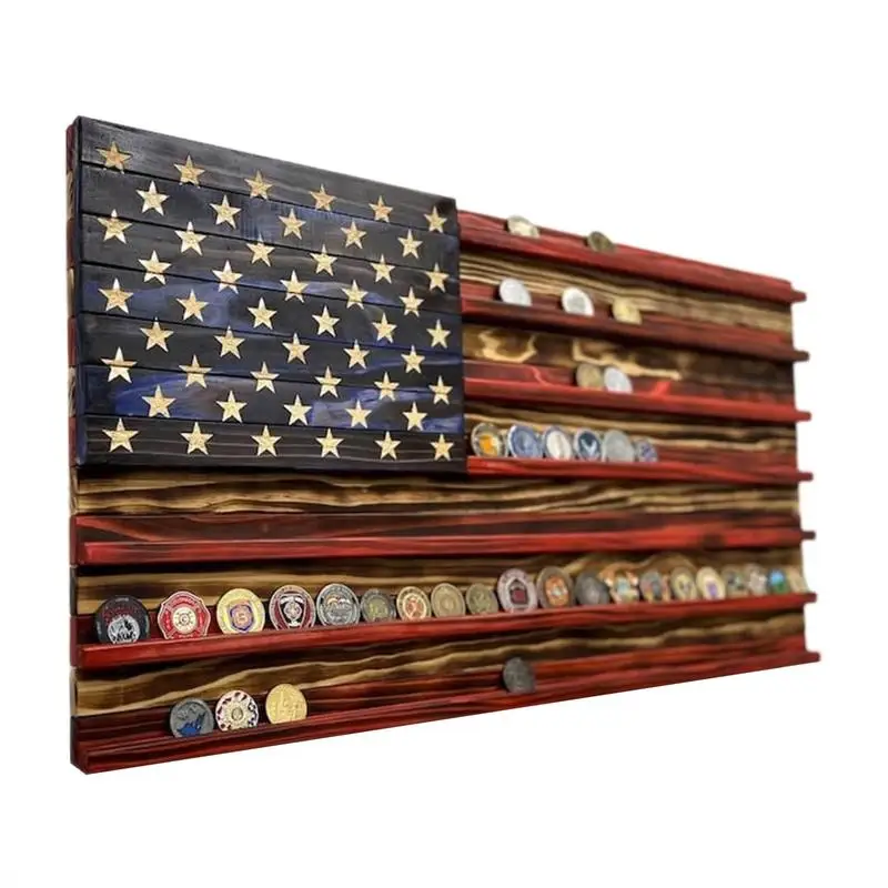 7 Rows Coin Display Wooden American Flag Coin Holder Stands Mini Coin Display for Displaying Coins Medals Home Craft Ornament