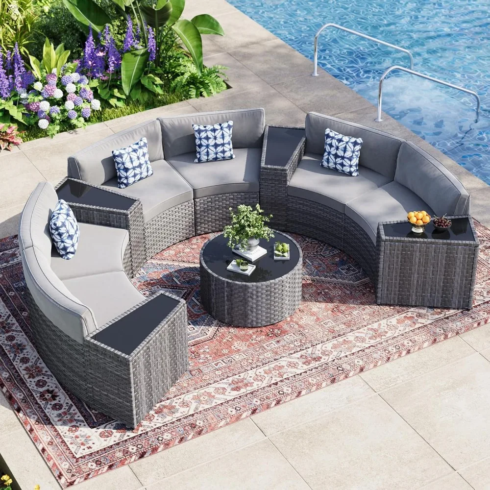

11 Pieces Rattan Sectional Sofa for Outdoor, Curved Patio Furniture Conversation Set for Garden Poolside Natural Weave Couch Set