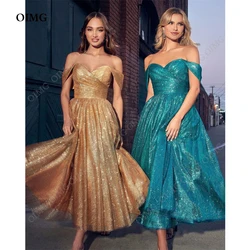 OIMG Glitter Champagne Short Evening Dresses A Line Sweetheart Women Off Shoulder Sequins Shiny Prom Gowns Formal Occasion Dress