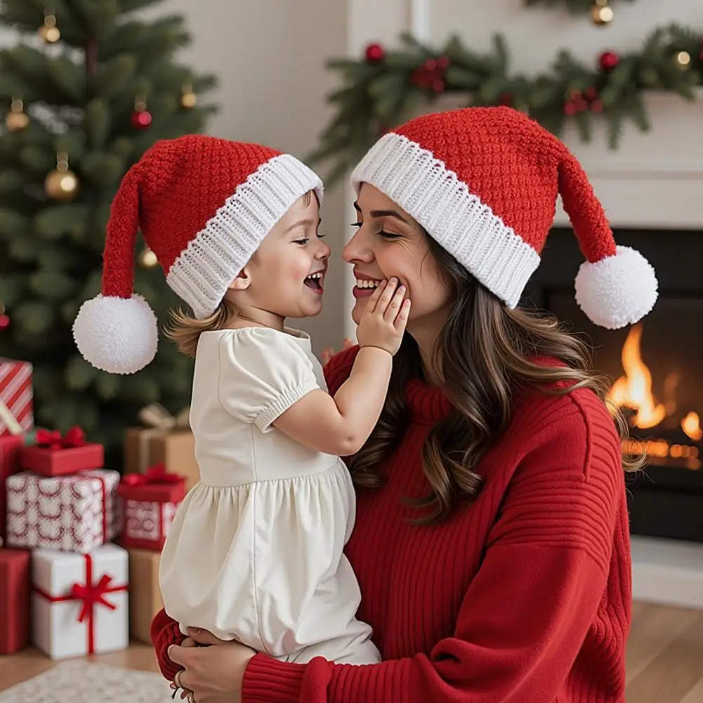 Red Knitted Christmas Hat Soft Winter Xmas Party White Pompom Holiday Accessory Festive Celebration Warm Headwear