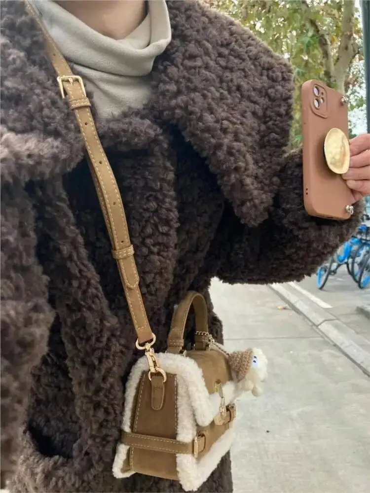 Bloom Vintage Bown Messenger Wallet Women Lamb Handle Chic Square Purse Female Fashion Casual Y2k Hand Bag Bolso Mujer