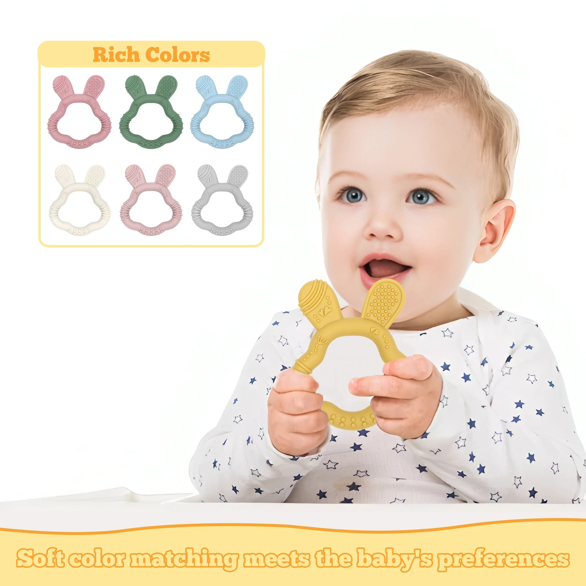 Zabawka do gryzienia dla niemowląt w kształcie króliczych uszu, miękka silikonowa zabawka do gryzienia dla niemowląt, idealny prezent dla noworodków, silikon spożywczy, zabawka wspomagająca rozwój sensoryczny.