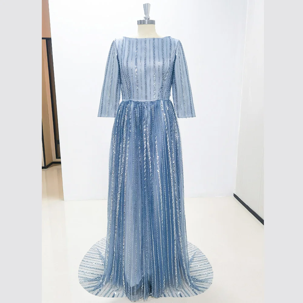 

Luxury Blue Sequined Beading Half Sleeve Elegant Evening Dresses Floor Length Chapel Train Special Occasion Custom Long Dress