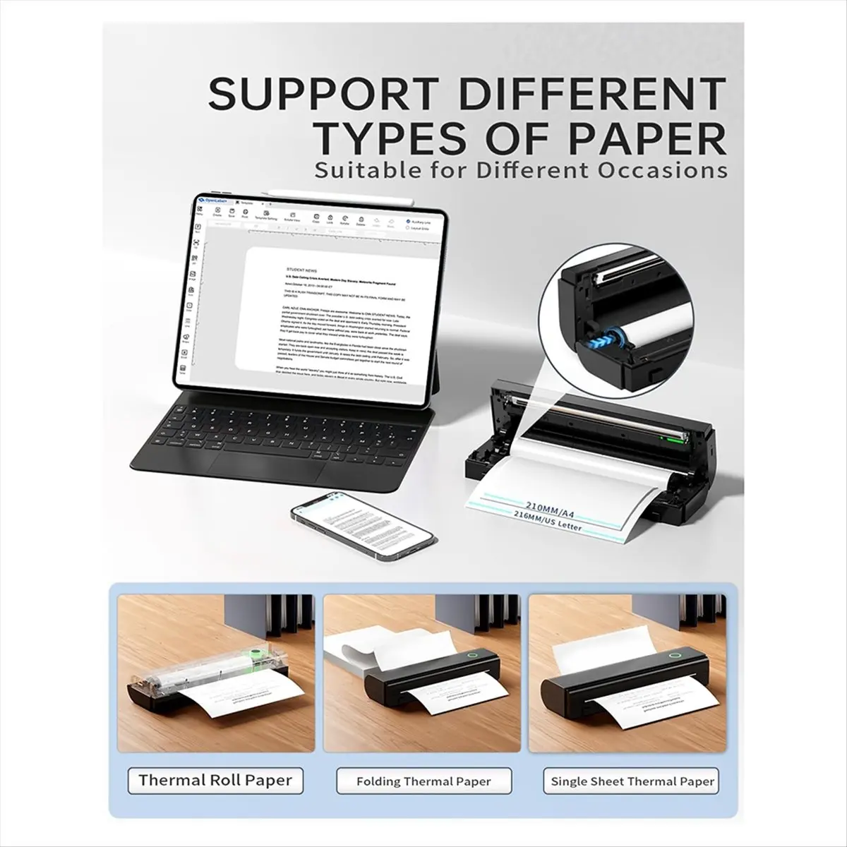 Portable Printers for Travel, N80 Wireless Thermal Printer Bluetooth Inkless, for IOS, Android, Laptop for Office, Home