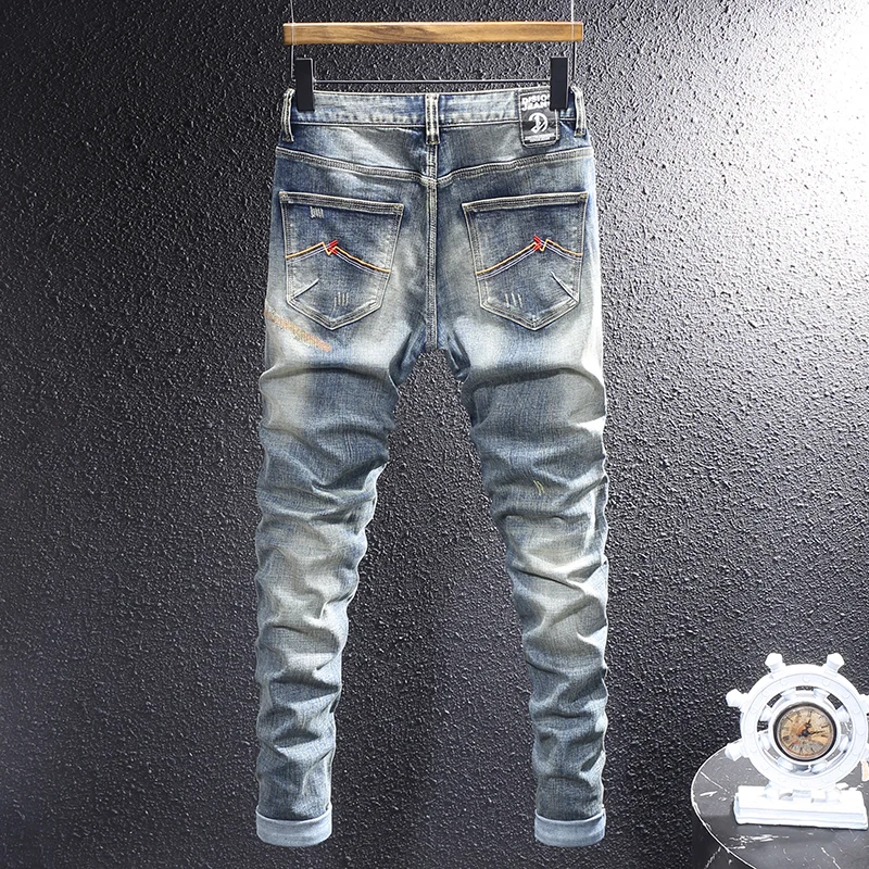 Street fashion men's jeans retro blue slim fit elastic jeans men's elastic pants designer hip-hop pants hombre