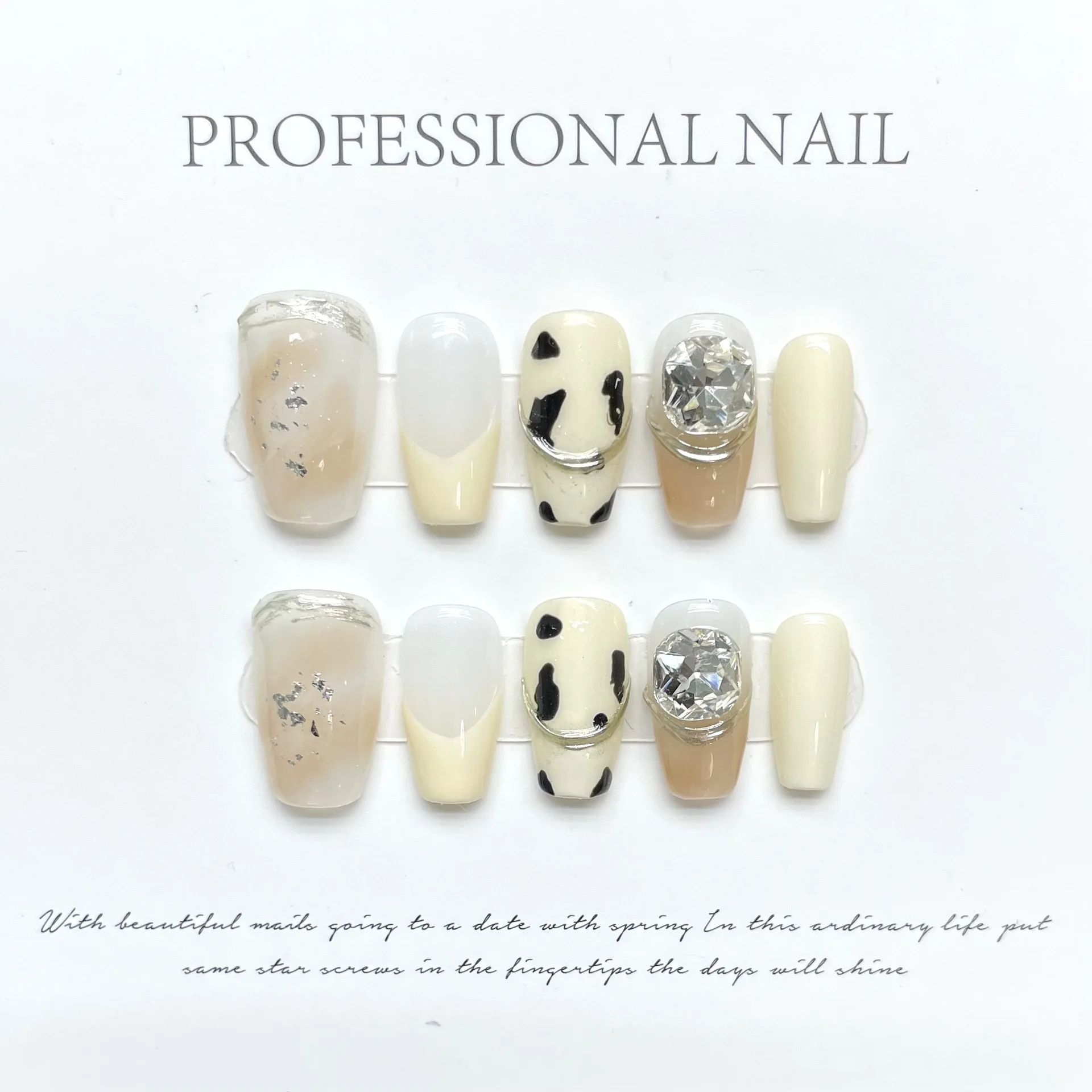 

Cow Pattern Handmade Press On Nails With Rhinestones Professional Wearable Advanced Fake Nails Designed French Ballet Nail Art