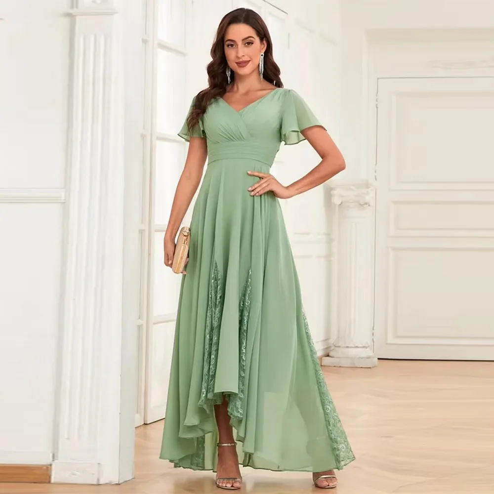

Customized Exquisite Tea Length Mother of The Bride Dresses Chiffon Ruched Evening Dress Lace A Line High Low Bridesmaid Dresses