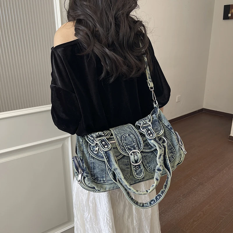Women Vintage Washed Denim Hobo Crossbody Bag Multi Pocket Rivet Detail Y2K Style Shoulder Purse 2026 New Trend Handbags view 2