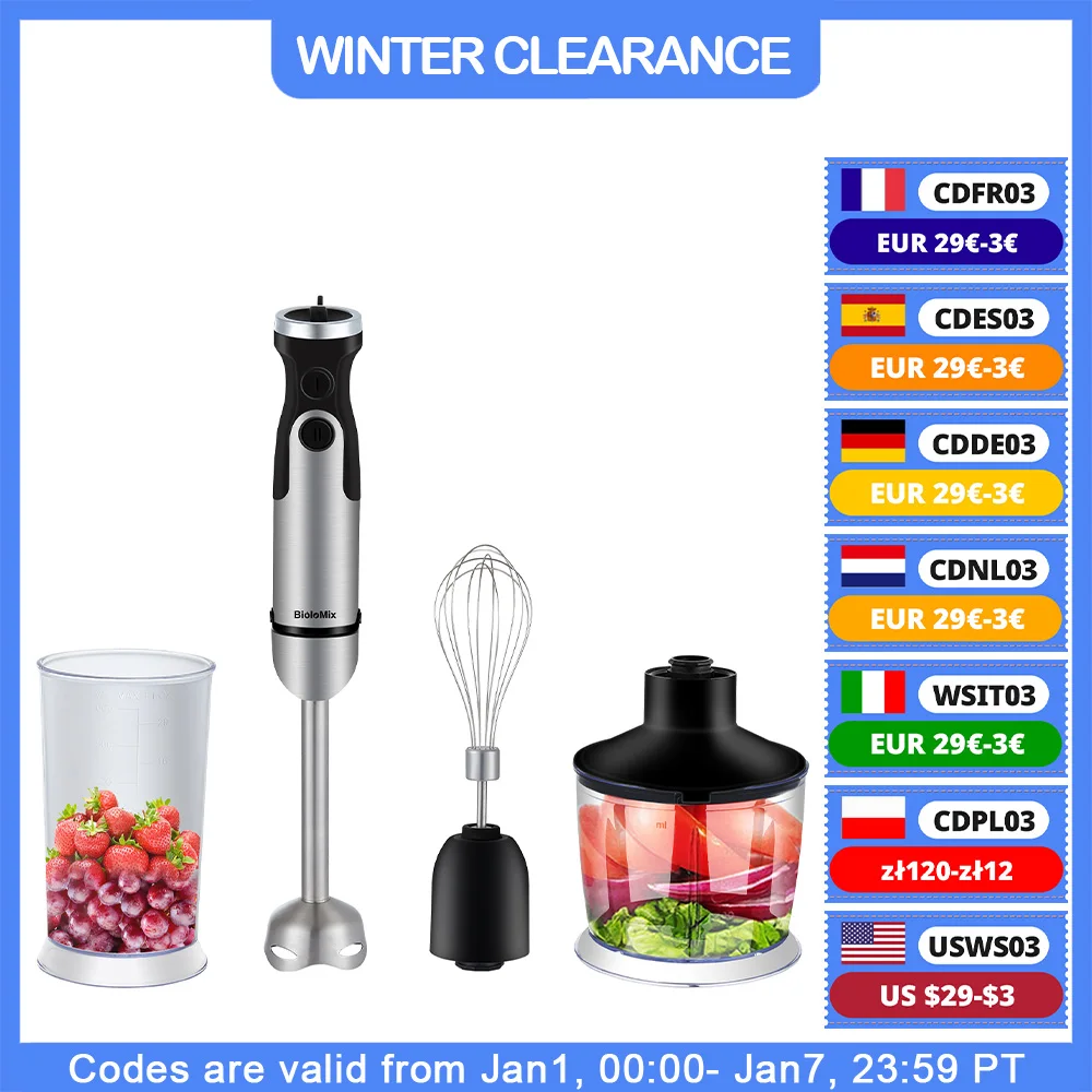 BioloMix 1200W 5-in-1 Immersion Hand Stick Blender Mixer Vegetable Meat Grinder 800ml Chopper Whisk 600ml Smoothie Cup