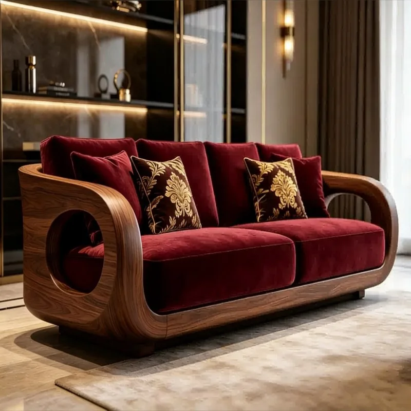 

Lounge New Chinese Style Solid Wood Living Room Sofas Red 3 Seater Cushion Aesthetics Couch High-end Elegant Home Furniture