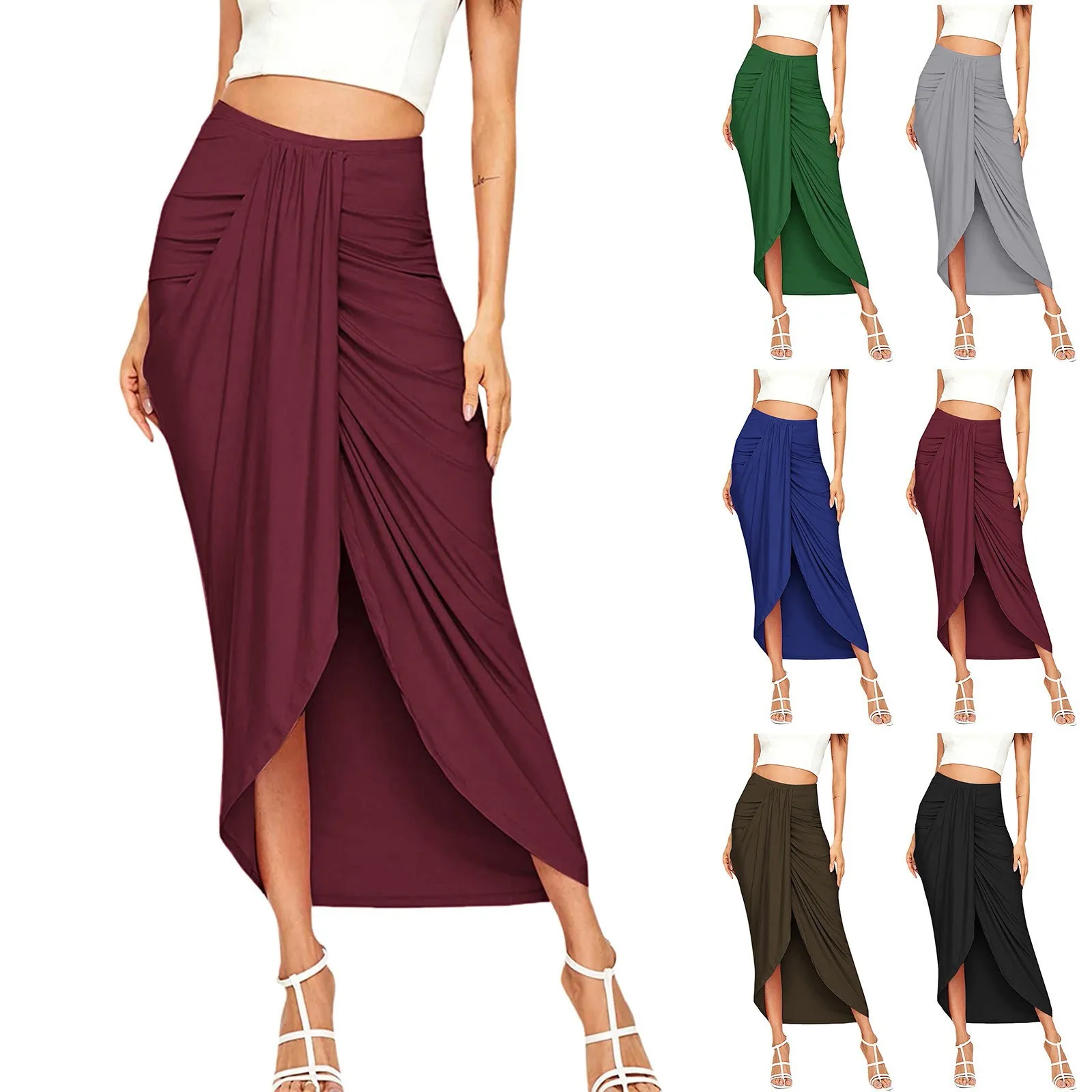 Womens 2025 Half Body Skirt Chic Elegant Party Wine Skirt Asymmetrical Casual Slit Wrap Elastic High Waisted Maxi Draped Skirts