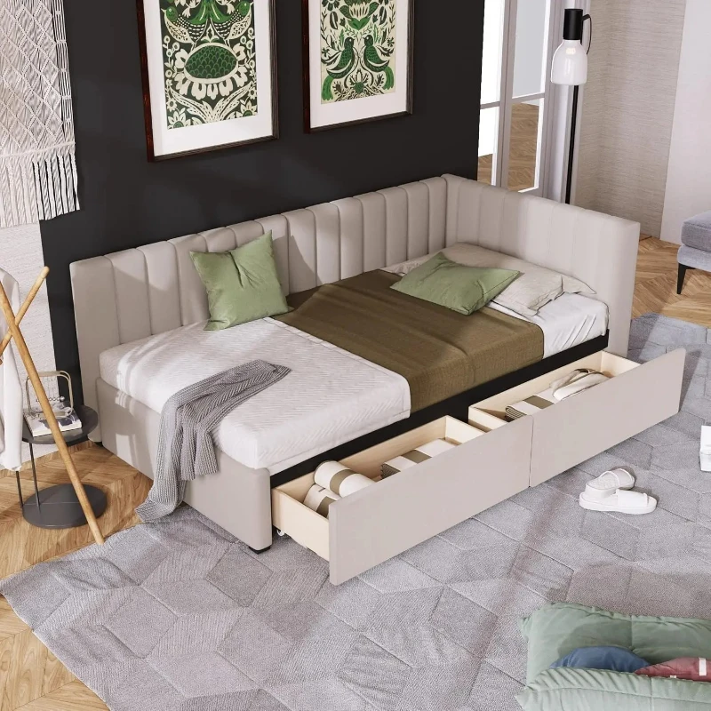 Twin Size Daybed, Upholstered Twin Daybed with 2 Storage Drawers, Linen Fabric Twin Size Sofa Bed Frame, No Box