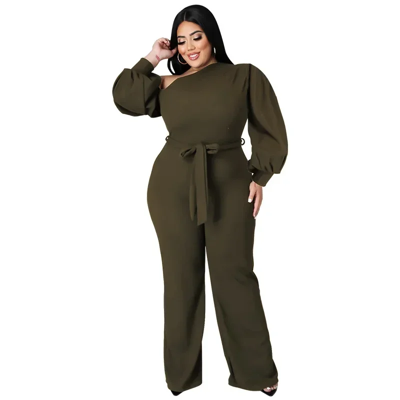 European and American plus size women's solid color lantern sleeves with sloping shoulders and waist belt fashionable jumpsuit