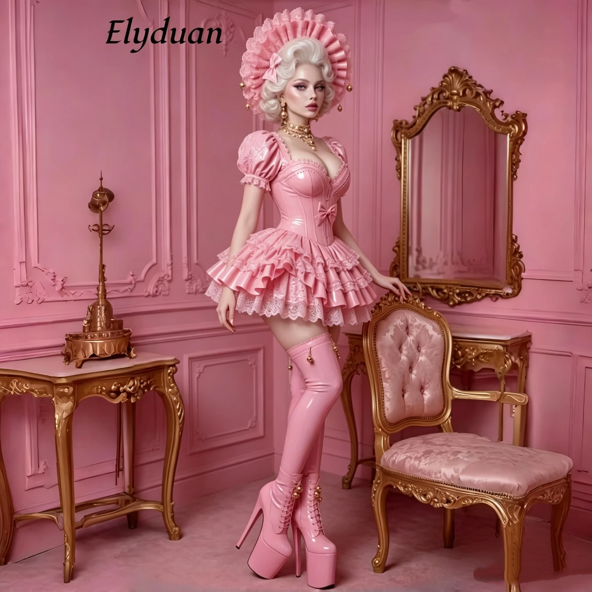 Shiny Pink PVC Mini Prom Dress Lace Trim Puff Sleeve Ruffled Cosplay Party Costume Lolita Special Occasion Wear Customized