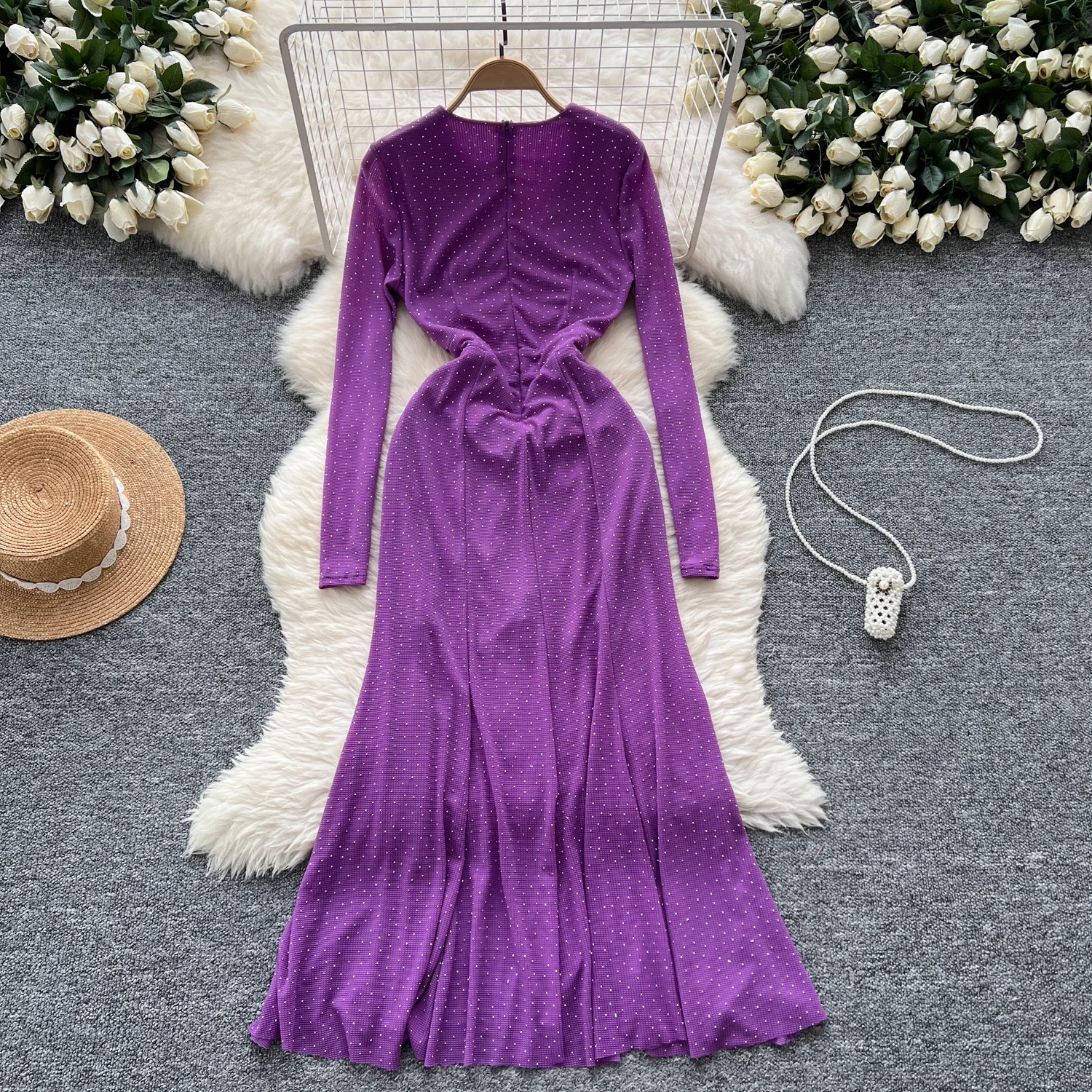 Elegant Swinging Collar Vintage Long Sleeve Chic Rhinestone Slim Split Mermaid Dress French Evening High Street Autumn Clothing