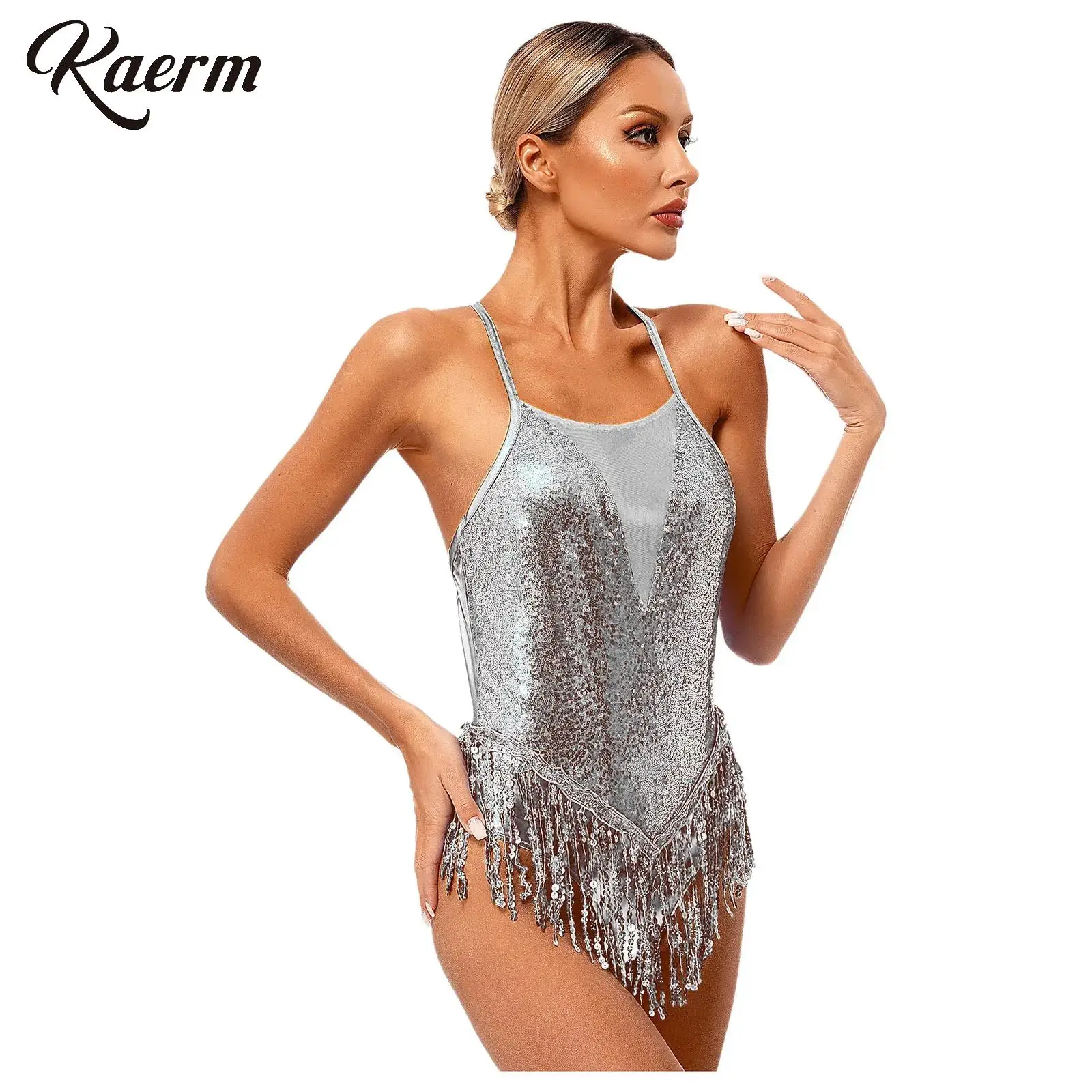 Women Dance Costume Sparkling Sequins Fringed Leotard Cross Back Bodysuit Latin Dance Performance Dress