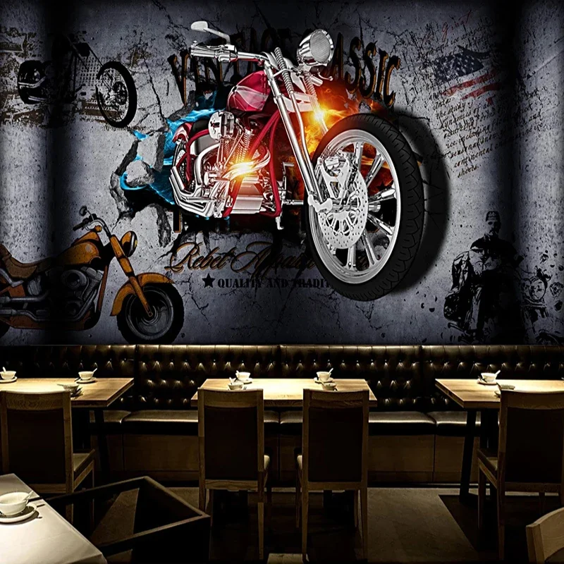 Custom 3D Papel De Parede Wall Murals Wallpaper Motorcycle Broken Personality Retro Bar KTV Restaurant Photo Poster Home Décor