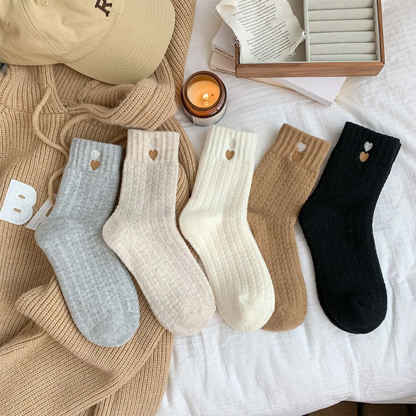 Women Warm Fleece Lined Socks Winter Heart Embroidered Mid Tube Stockings Textured Thermal Hosiery Multi Color Cold Resistant