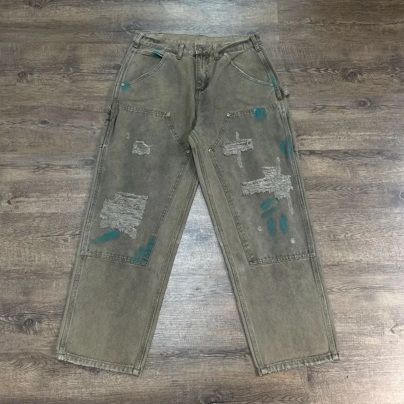 

Saint Damaged Splashed Ink Wide Leg Straight Pants Heavy-duty Vintage Logging Workwear Cargo Trousers Men Women Four Seasons