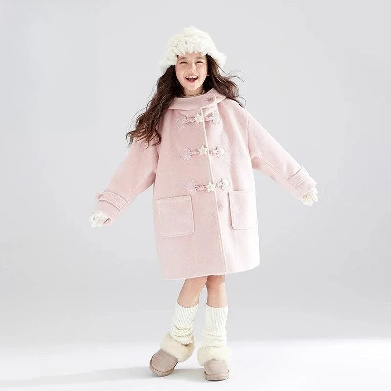 2025 New Winter Coat Peach Pink Wool Hooded Coat with Five Pointed Star Goat Horn Buttons Padded Insulation Off Season Sale