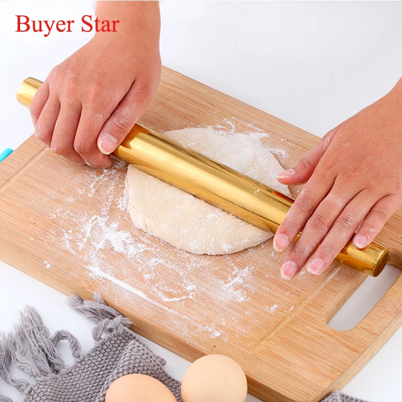 Gold Rolling Pin Baking Tool Cookies Rolled Stainless Steel Noodle Roller Metal Dumpling Skin Rolling Pin Bakery Kitchen Utensil