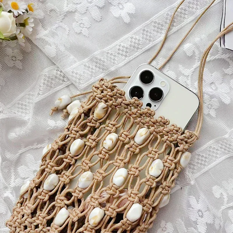 Handgefertigte Hohlperlen-Handytasche aus Steinperlen, Bohemian Crossbody-Tasche für Damen mit gewachstem Seil, Sommer-Strand-Urlaubs-Reisetasche – Detail 12