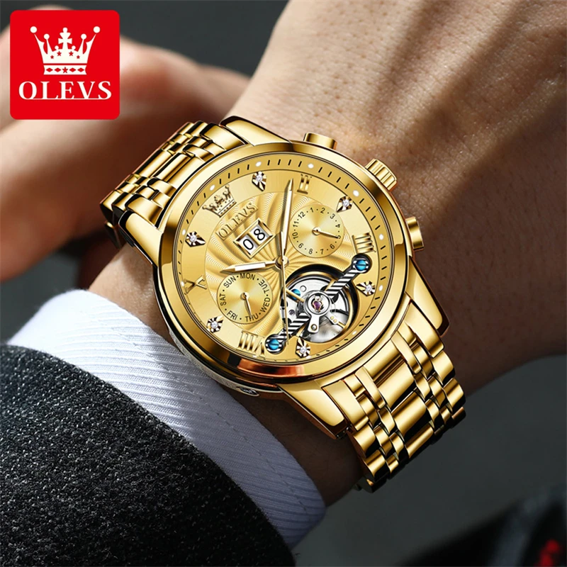 OLEVS Brand Luxury Gold orologio meccanico per uomo in acciaio inossidabile impermeabile calendario luminoso Fashion Tourbillon orologi da uomo