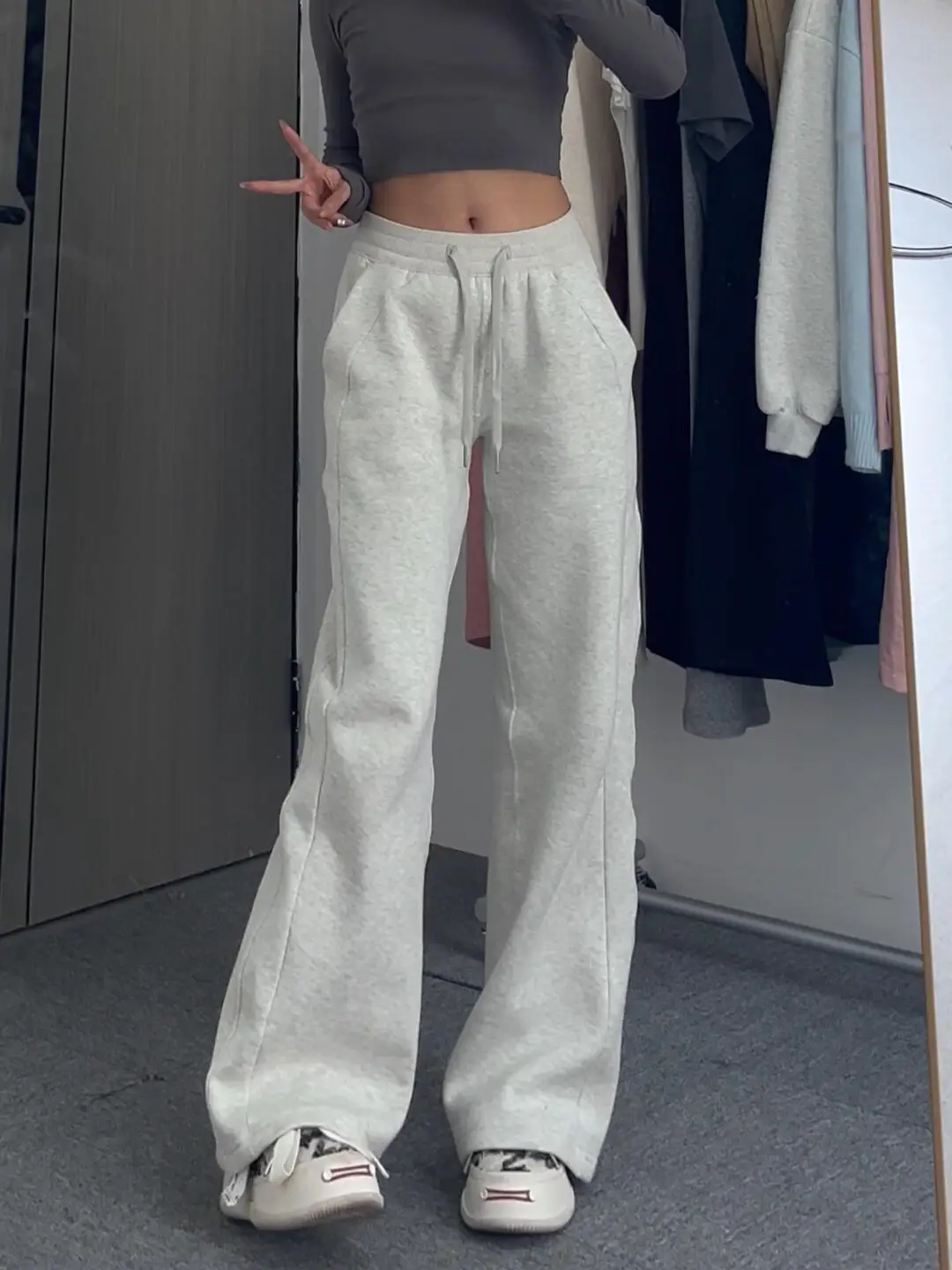 Axef Lulu Straight Casual Pants Women Autumn and Winter Fleece-lined Sweatpants Mid Waist Slim fit Slimming Wide Leg Pants Mo...