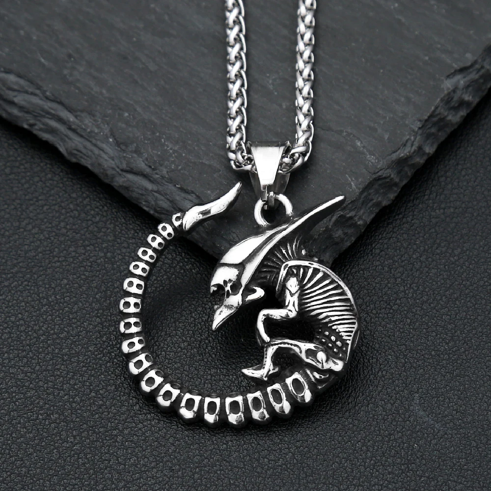 Stainless Steel Alien Xenomorph Skeleton Loop Pendant Necklace Sci Fi Horror Alien Symbol Hip Hop Unisex Trendy Jewelry Gift