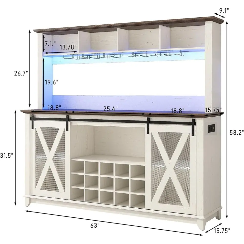 58H Farmhouse Coffee Bar Cabinet with Power Outlet and LED Light,Wine Bar Cabinet w 4 Storage Hutch,Kitchen Buffet Cabinet with