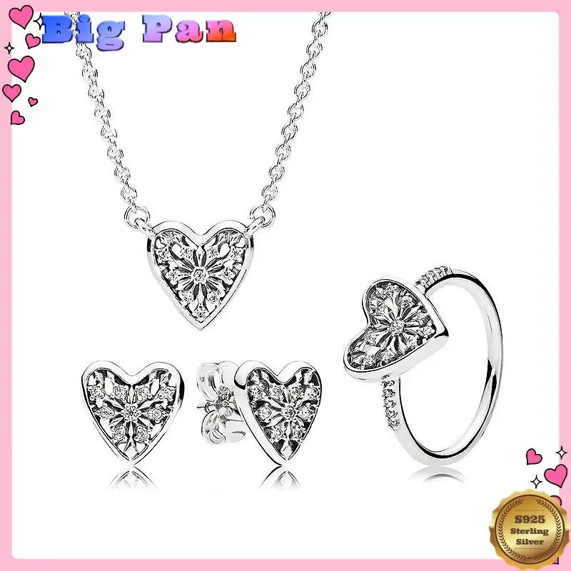 

New 925 Sterling Silver Heart Of Winter Frost Ring Earring Necklace With Crystal For Women Jewelry Set Birthday Gift 2025