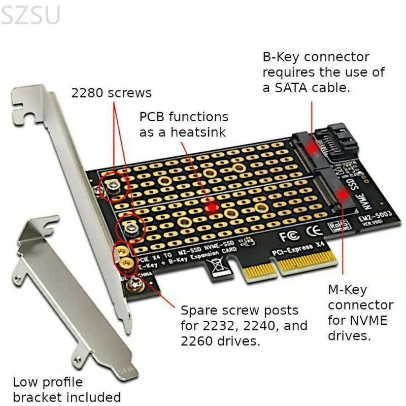 SZSU Dual M.2 PCIE NVME ADAPTER بدون وظيفة فاصل PCIE (تشعب PCIE
