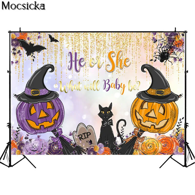 Gender Reveal Party Backdrop Halloween Pumpkin Lantern He Or She What Will Baby Be Background Newborn Birthday Photo Booth Decor