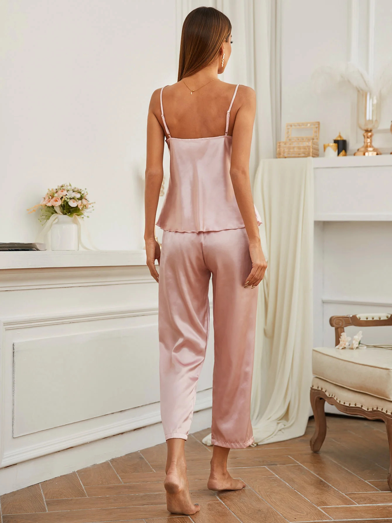 Casual Solid Pajama Set  V Neck Cami Top   Elastic Waistband Pants  Women\'s Sleepwear  Loungewear