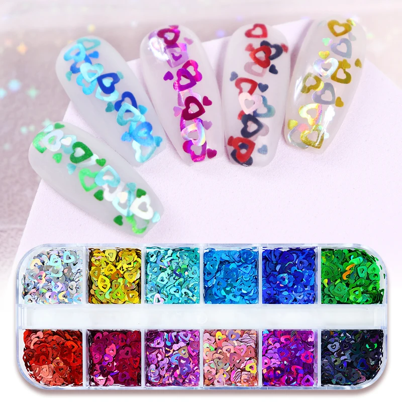 Holographic Love Heart Nail Art Sequins Decoration Laser Hollow Hearts Glitter Flakes Valentines DIY Nails Accessories And Tools