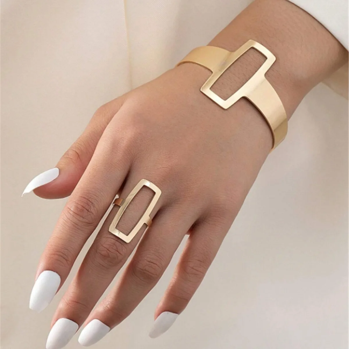 Vintage Bohemian Style Irregular Geometric Hollow Square Retro Exaggerated Bangle and Ring For Women Girls Party Jewelry