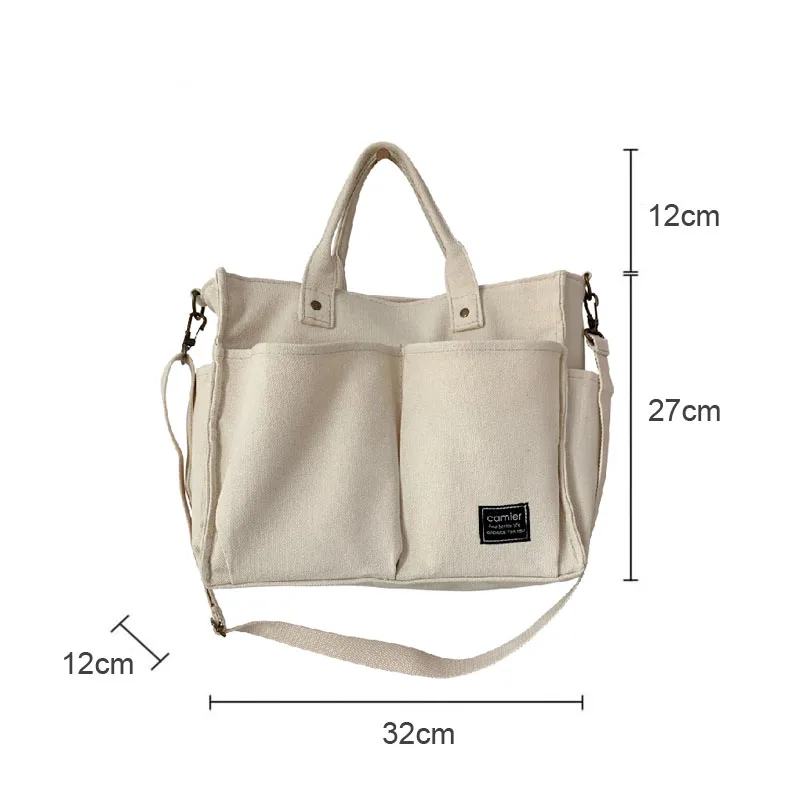 Fashion Shopping Bag High Quality Handbags Cotton Canvas Tote Shoulder Messenger Bags With Outside Pockets