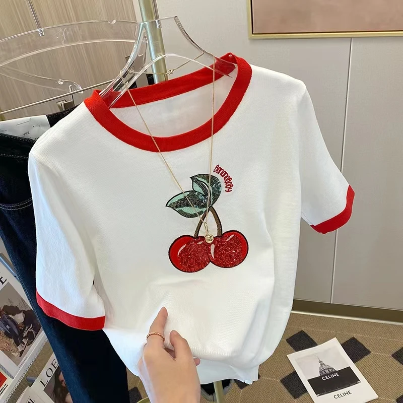 2024 Summer Cherry Sequin Embroidery Knitted T-Shirt Women\'s Sweet Short-sleeved Pullover Sweater Thin Tshirt Knitwear Tops Tees