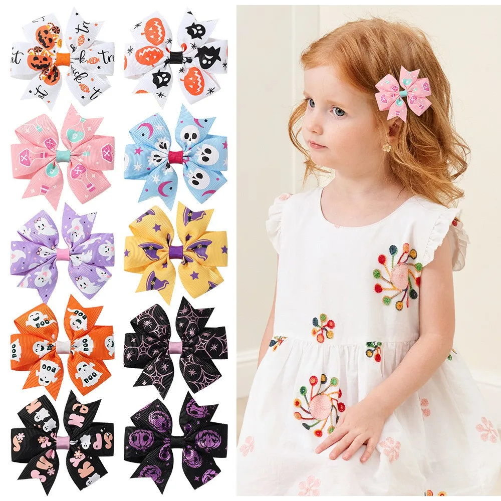 60pc/lot Ribbon Bow Baby Hair Clips Pumpkin Skeleton Skull Prints Hairpins Barrettes for Kid Girls Halloween Hair Accessories