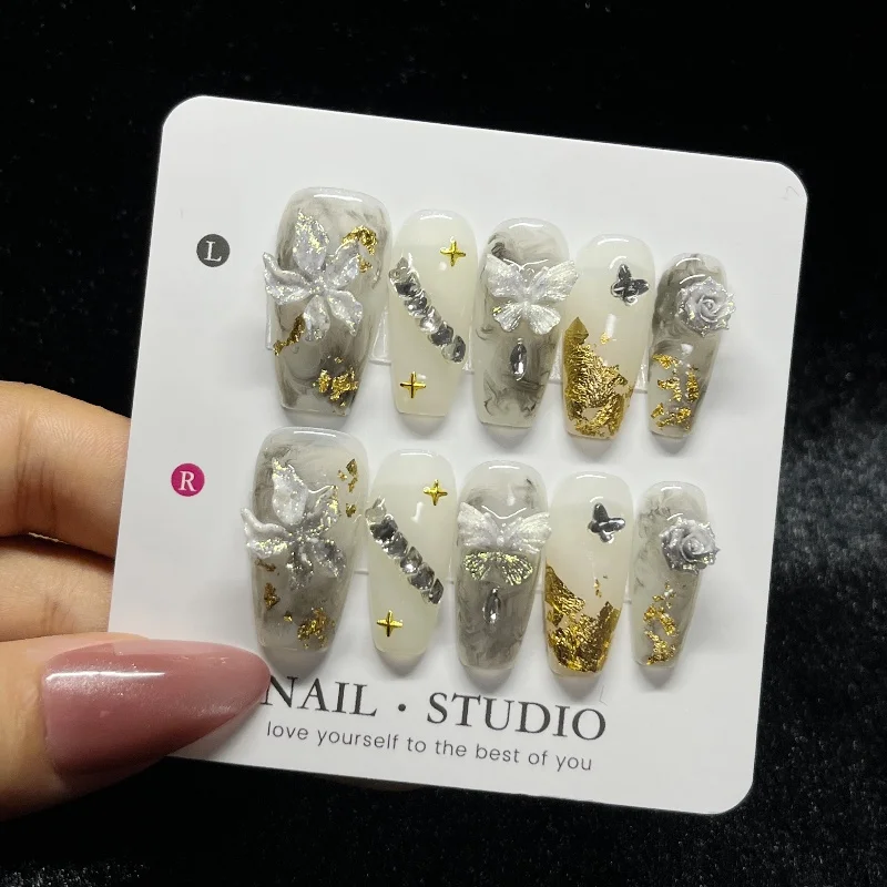 

10PCS 3D Roses Butterfly Medium Coffin Press on Nails Gray Gradient French with Golden Foil Silver Cross Handmade False Nail Art